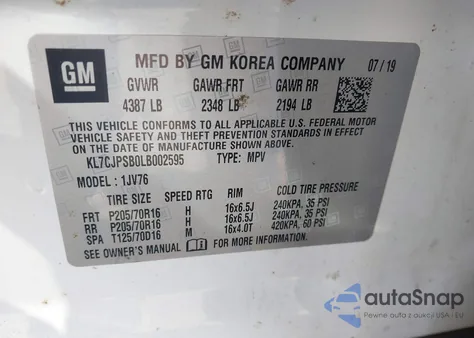 2020 Chevrolet Trax Awd Lt из США, поврежденный, VIN KL7CJPSB0LB002595